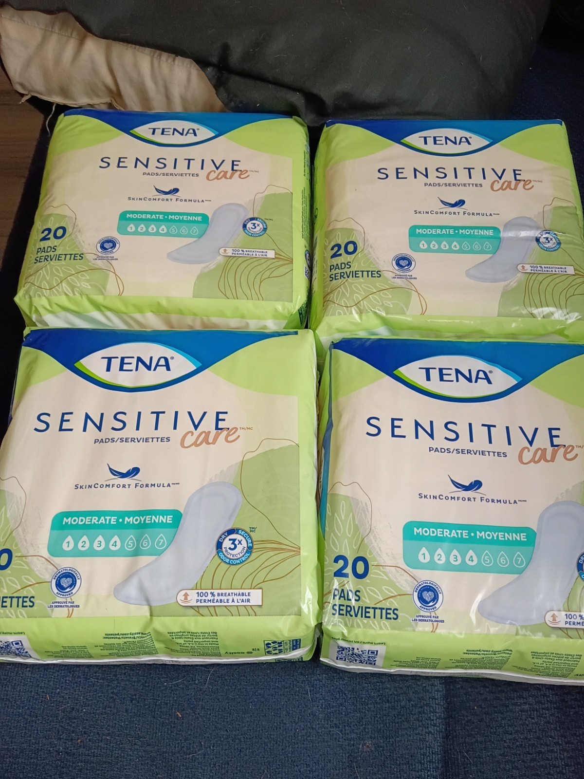 tena sensitive care pads 20 pads per pack, 3x protection 4 packs included