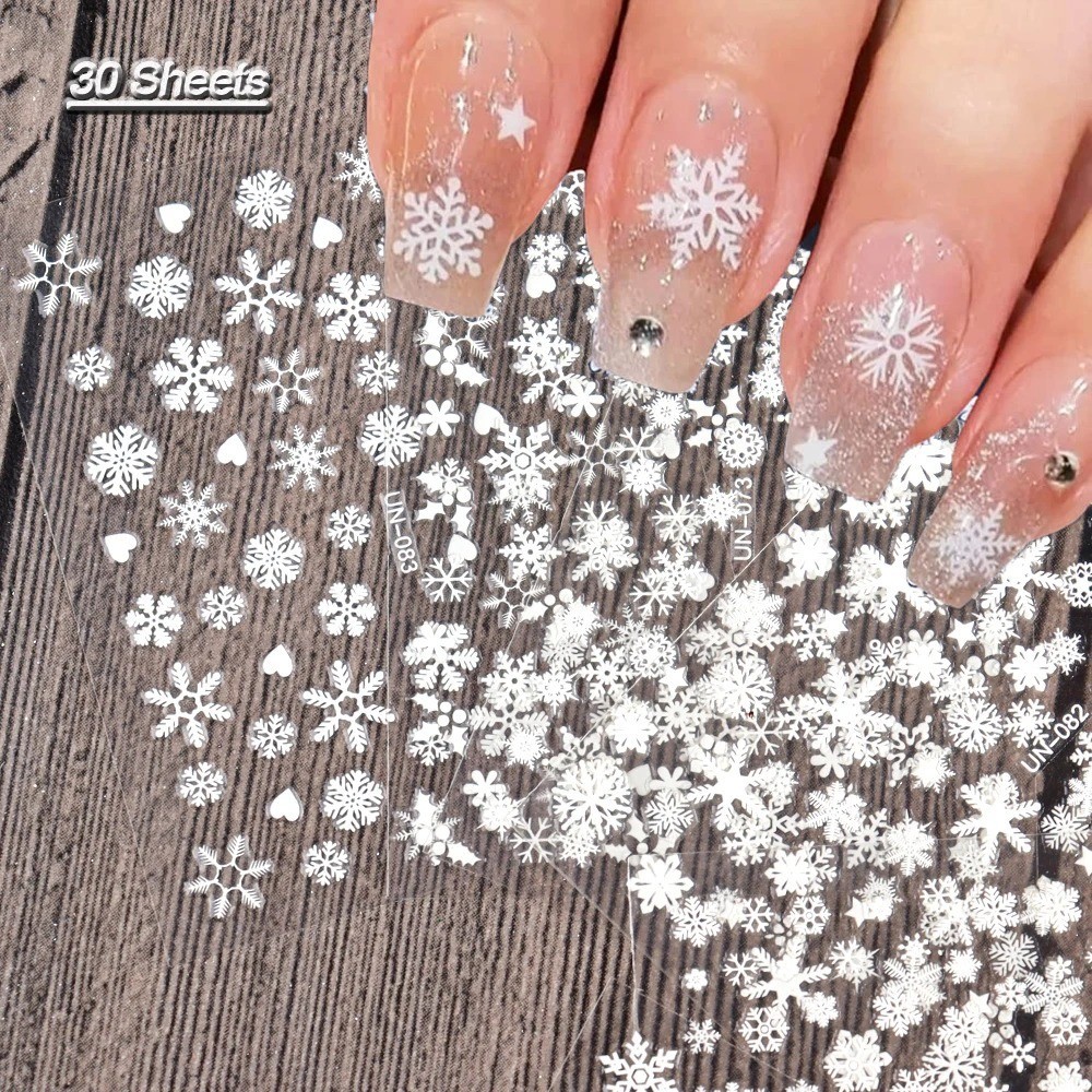 30 Sheets 3D White Snowflake Nail Art Stickers Self Adhesive Xmas Decals