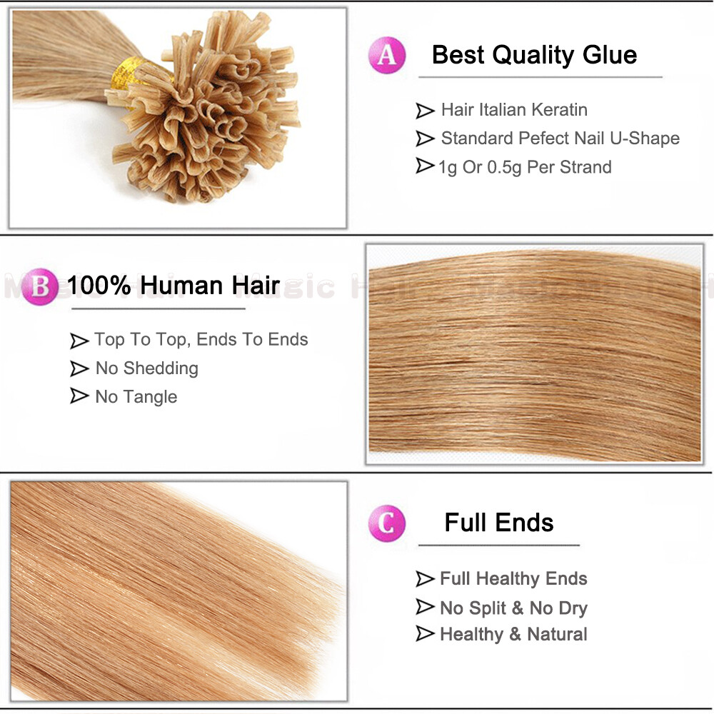 1g Hair Extensions Pre Bonded U Tip Nail Hair Keratin 100% Real Remy Human Hair