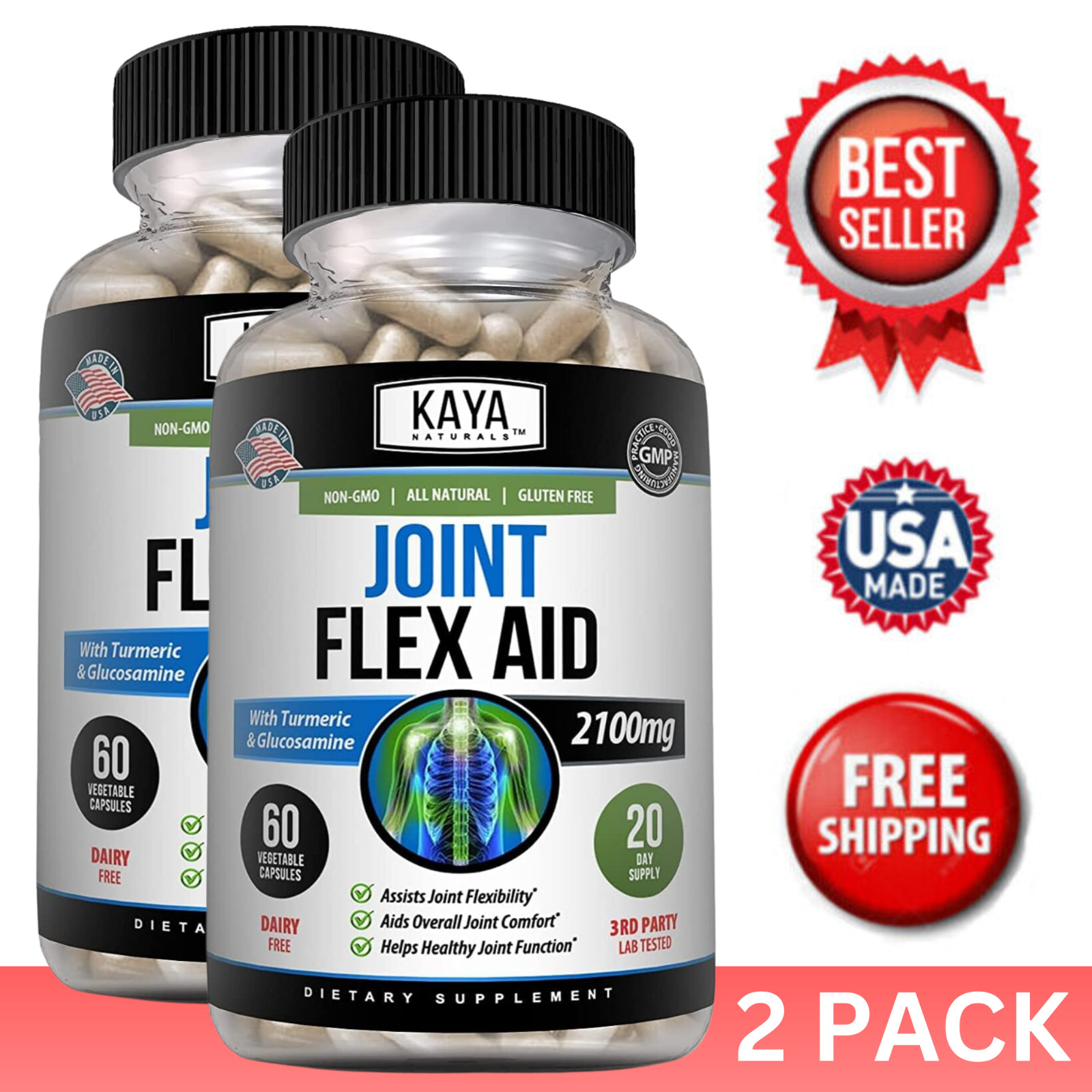 (2 Pack) Triple Strength Pain Relief, Joint Support Glucosamine, Turmeric, MSM