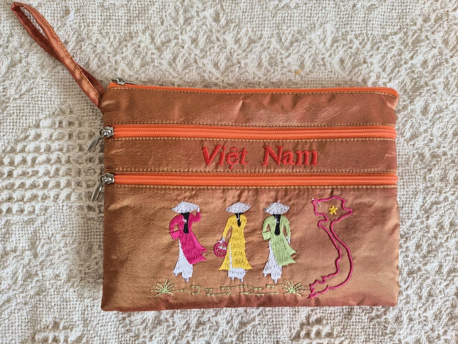 Orange Embroidered Silk Viet Nam Souvenir Bag with 3 Compartments & Wrist Strap