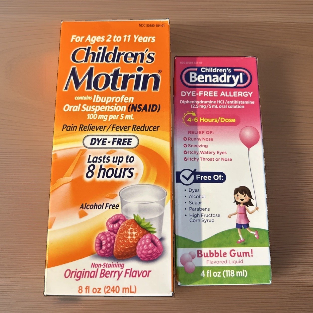 Set 2 Dye Free Children Medicine Benadryl Allergy 4 Oz And Motrin Ibuprofen 8oz