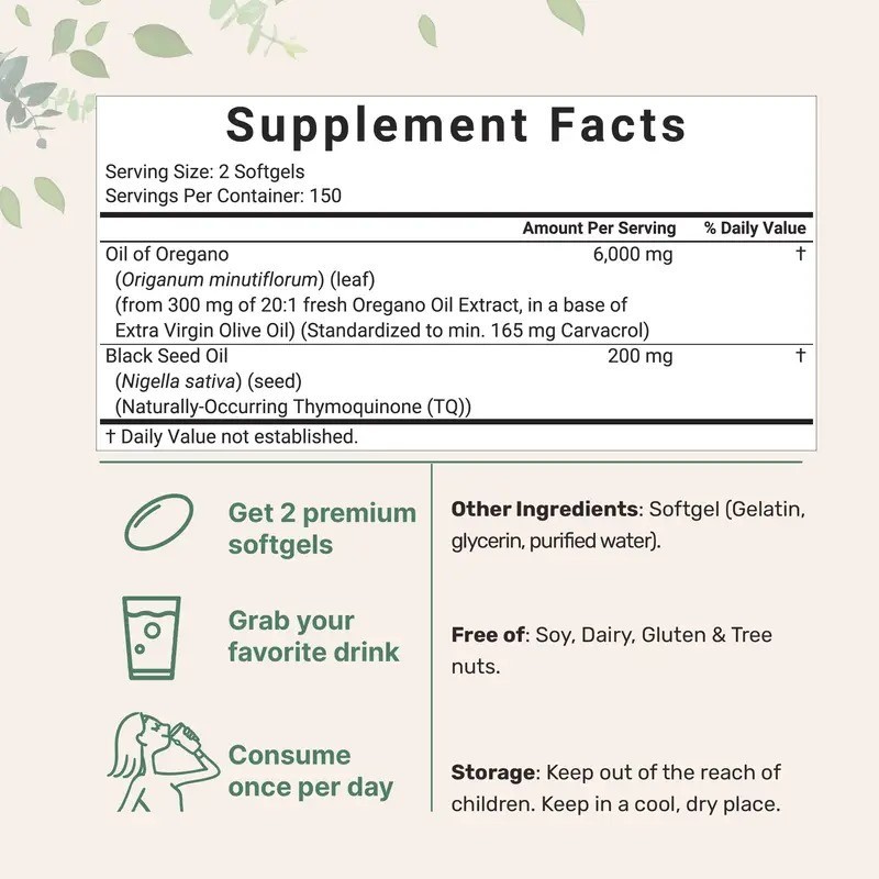 Oil of Oregano with Black Seed 6000mg – 300 Softgels – Immune & Digestive Suppor