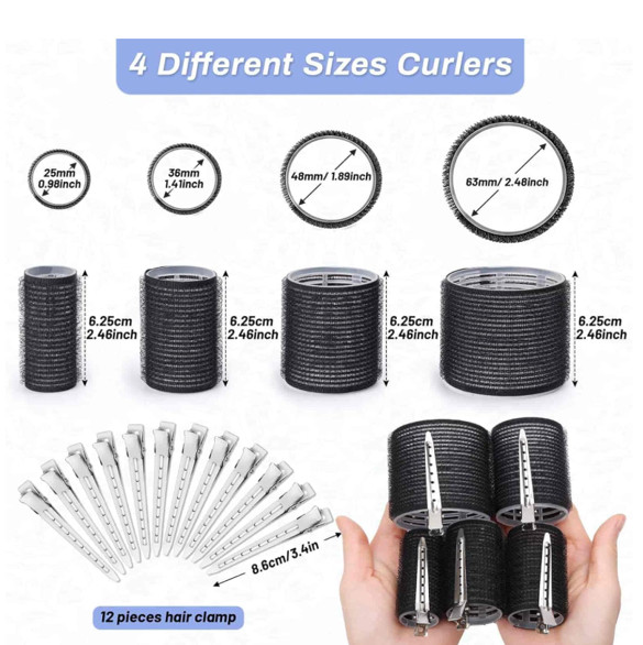 Selizo Hair Roller Set: 16 Self-Adhesive Hair Rollers in 4 Sizes, 12 Hair Clips