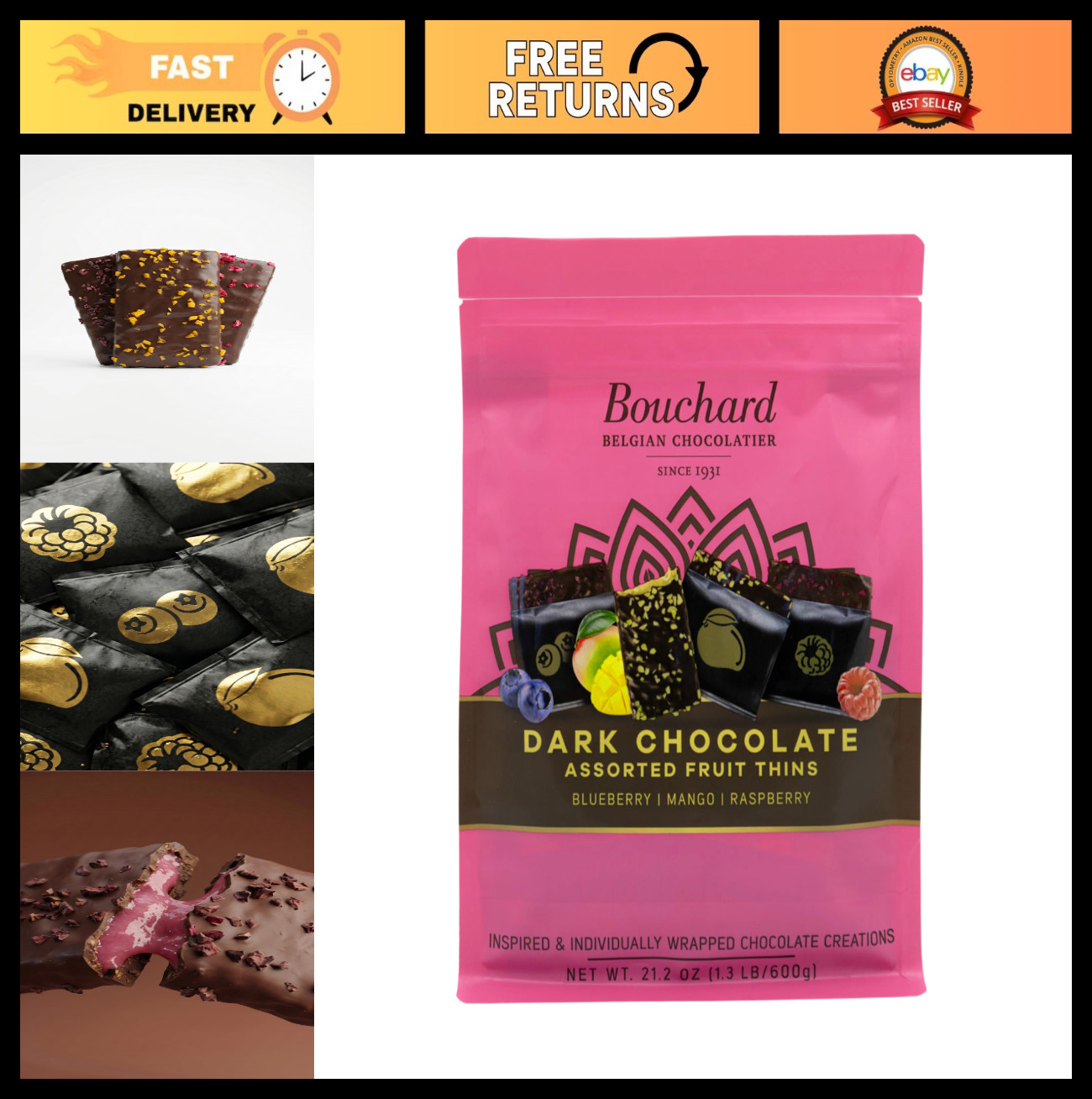 Dark Chocolate Fruit Thins – Blueberry, Mango, Raspberry – 21.2 OZ (600g) Snack