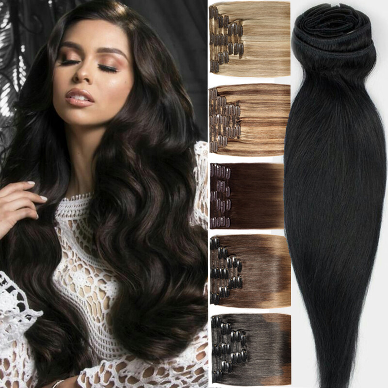 170G+ Real Double Weft Clip in Human Remy Hair Extensions THICK 10″-24″ Black US