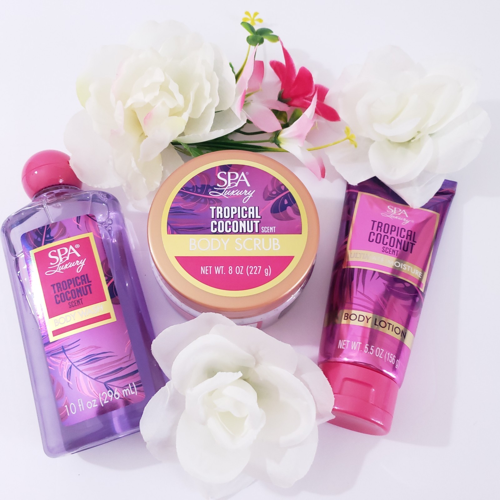 SPA Luxury Tropical Coconut Body Scrub 8 oz Lotion 5.5 oz Body Wash 10 fl oz Set