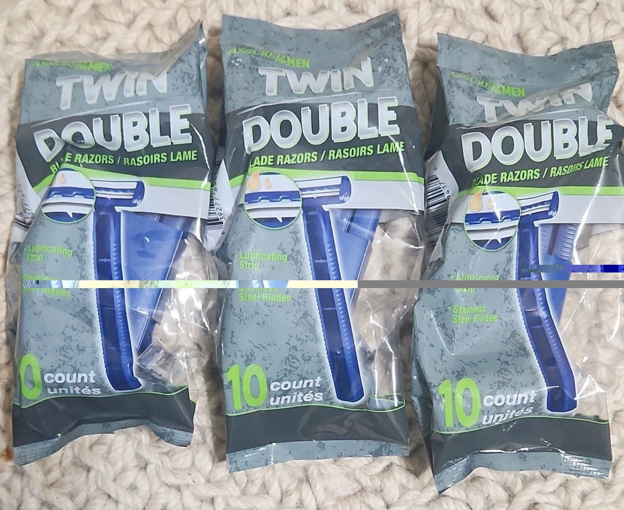 Twin Double 2-Blade Disposable Razors Blue Lubricating Strip 3 Packs 10 Each