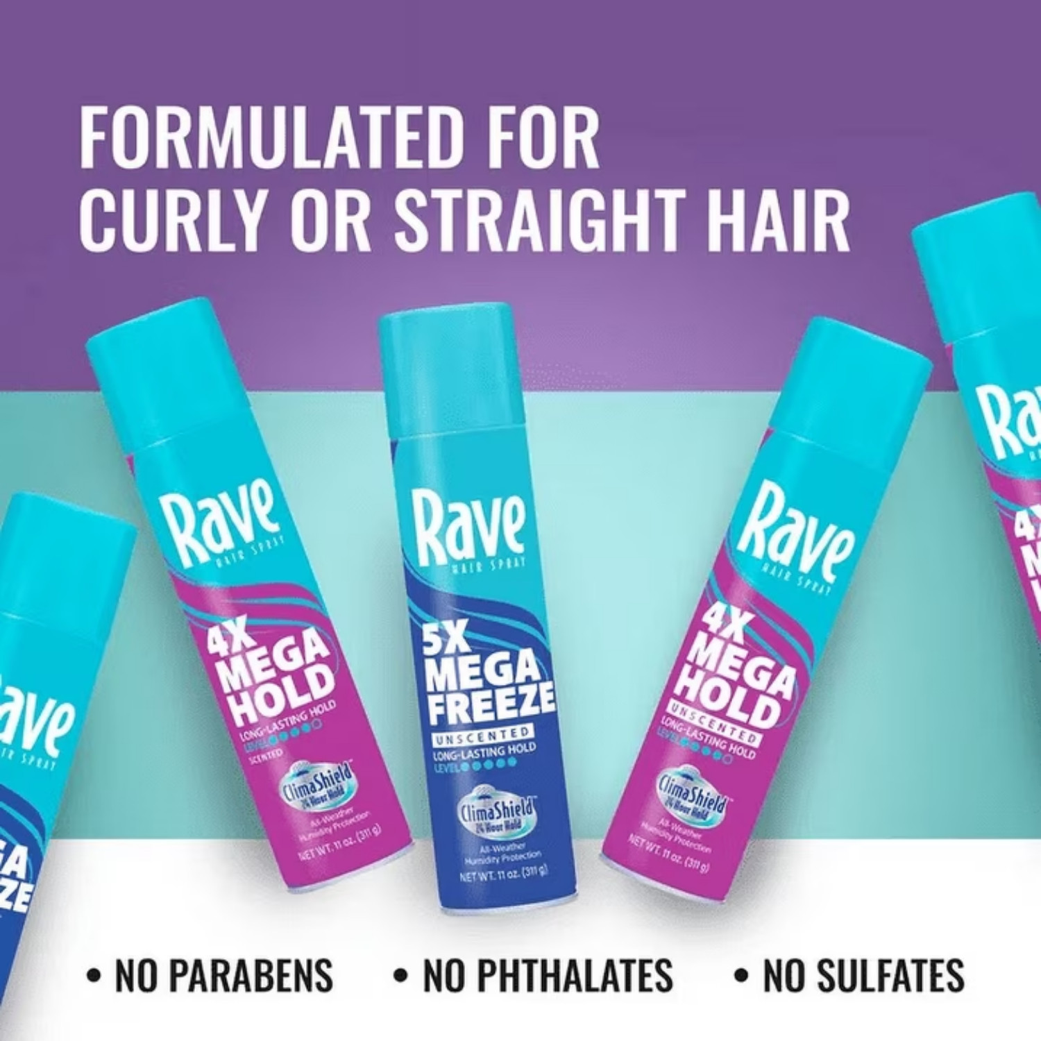 4 Pack Rave 4X Mega Hold Hair Spray All Weather Protection 11 oz