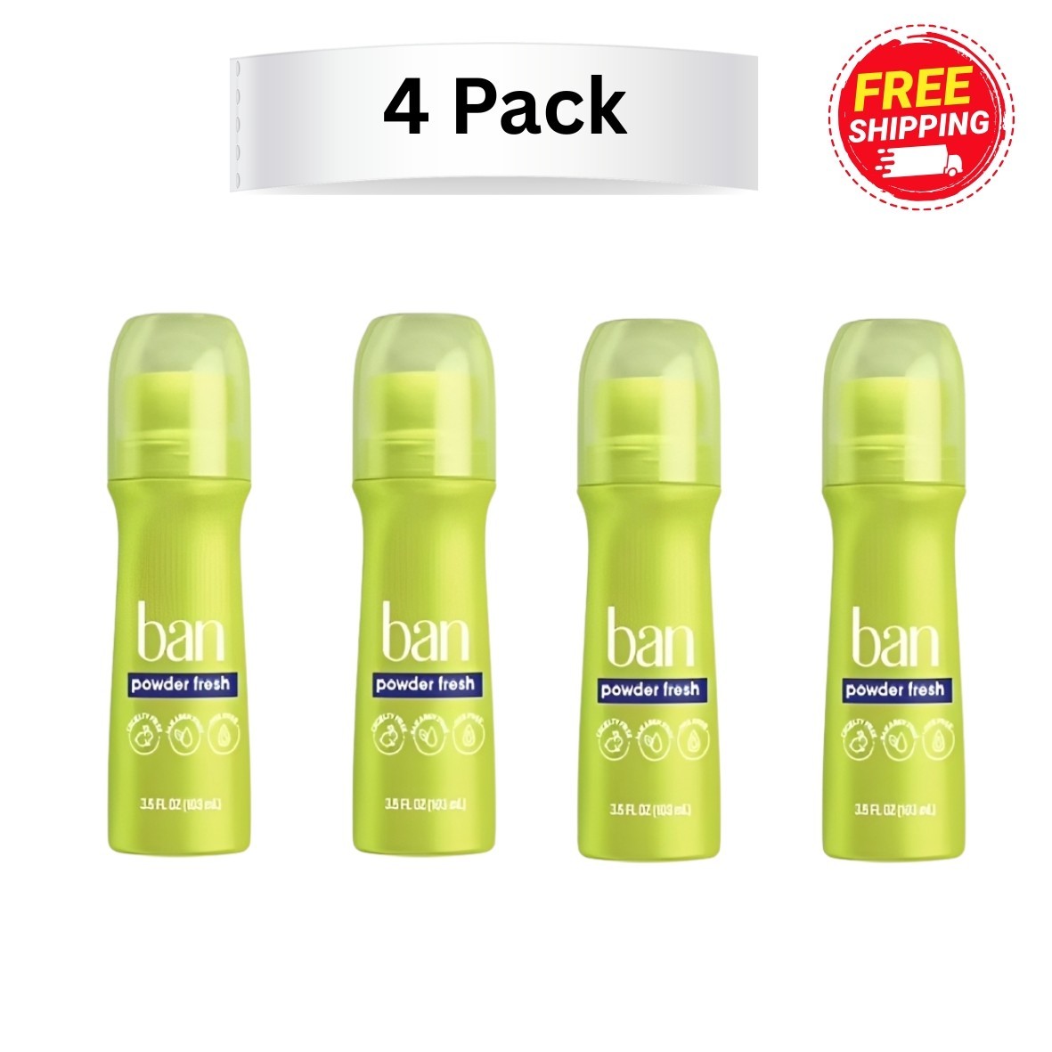 (4 pack) Ban Antiperspirant Deodorant Invisible Roll-On for Women and Men, Powde