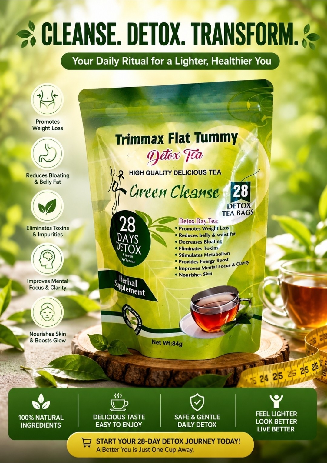 Trimmax Flat Tummy Detox Tea Green Cleanse 28 Days Senna Garcinia 84g