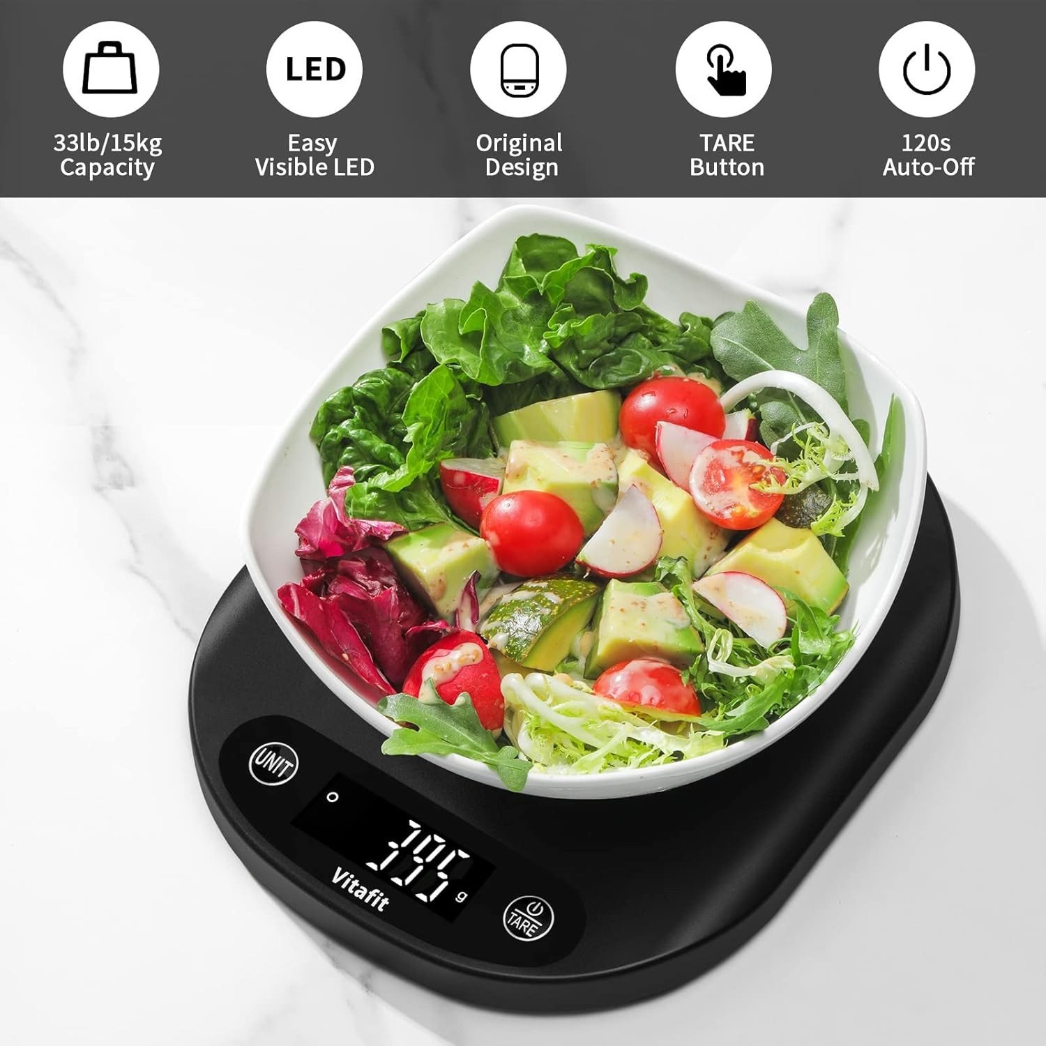 Vitafit 33lb/15kg Digital Food Scale in High Precision 0.1oz/1g, Our Black