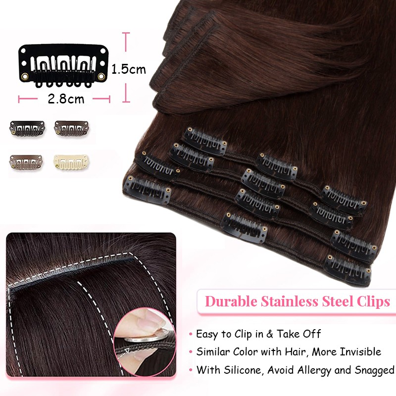 Clip In 100% Remy Real Human Hair Extensions 8Pieces 18Clips Brunette Full Head