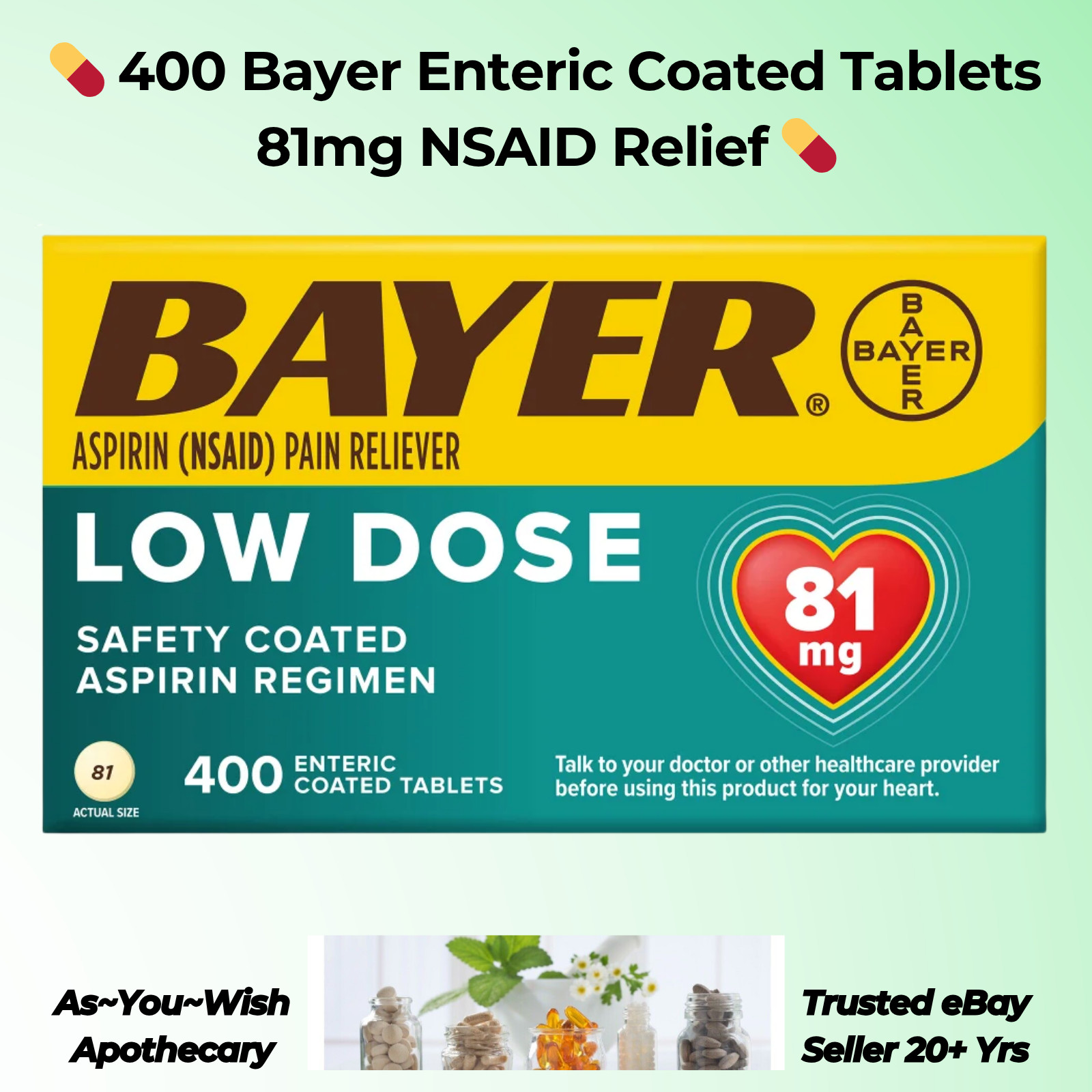 400 Tablets Bayer Low Dose Aspirin 81mg Exp 11/26 Enteric Coated Pain Relief
