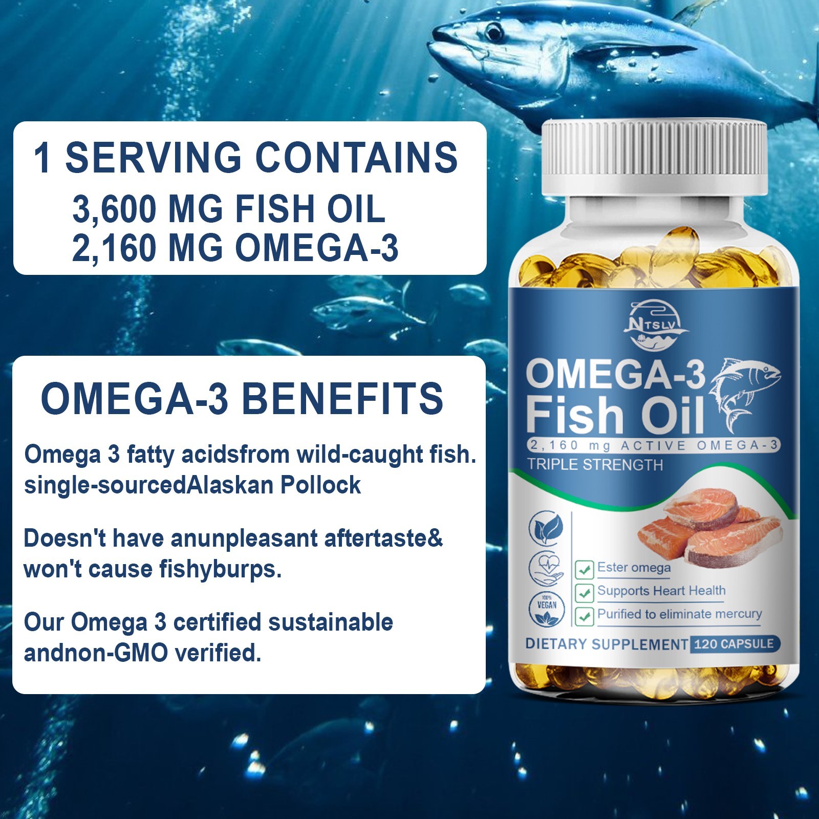 Omega 3 Fish Oil 2500mg 120 Capsules EPA DHA Supplement
