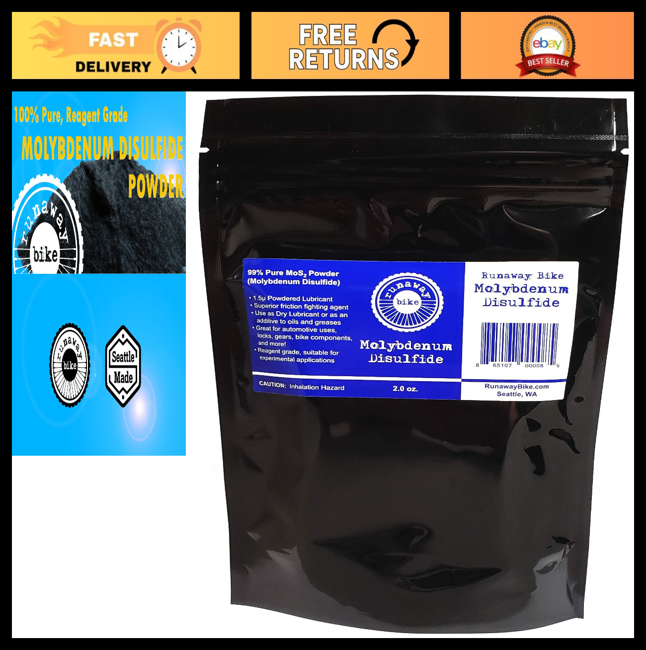 Molybdenum Disulfide MoS2 Powder 2 oz – High-Performance Lubricant with Brush