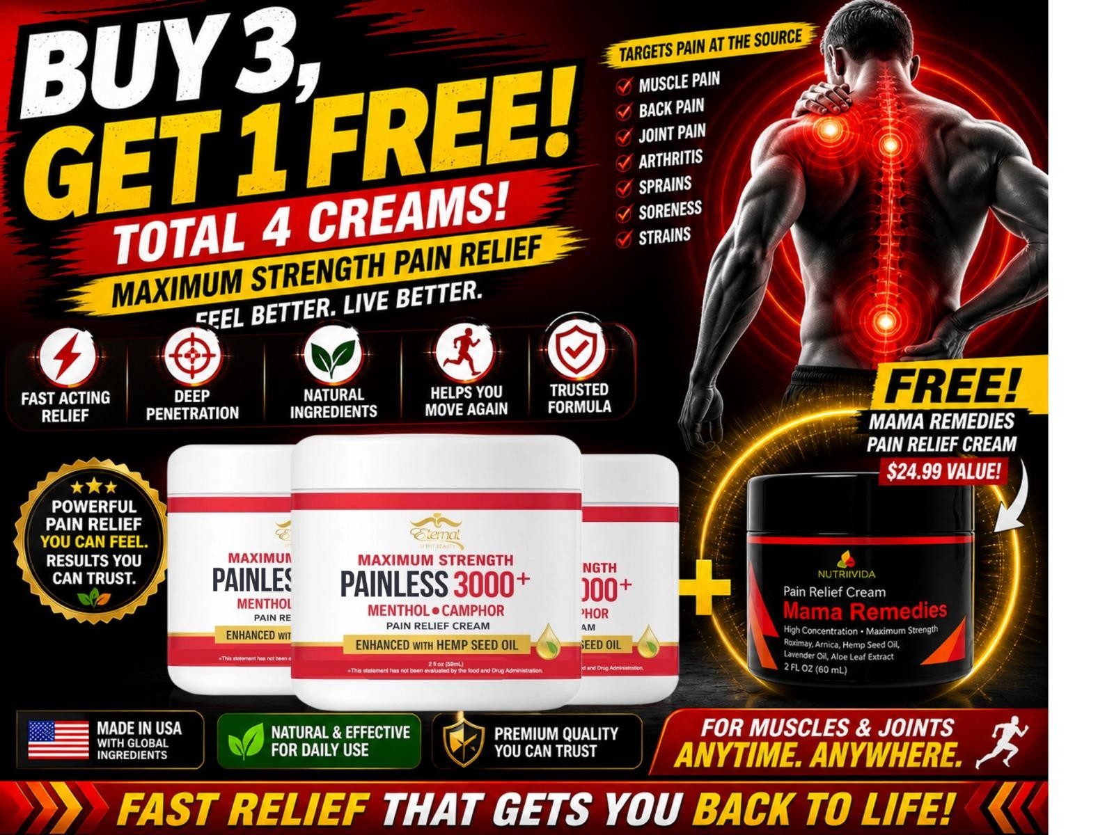 4 CREAMS FOR PRICE OF 3 – PAINLESS 3000+ Maximum Strength – Free Ship