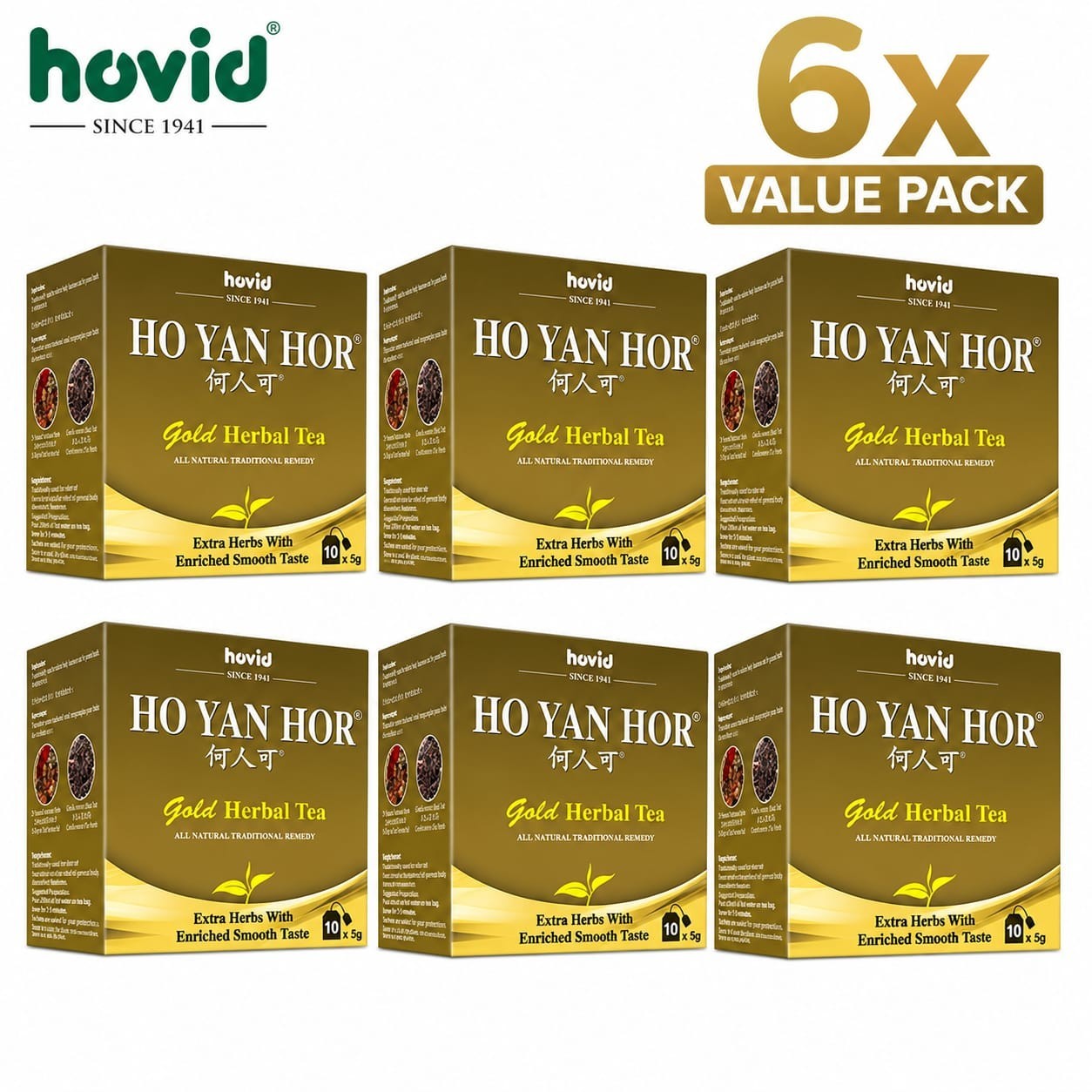 6 x Ho Yan Hor Gold Herbal Tea by Hovid – 10 Sachets x 5g Immune Cold Flu Relief