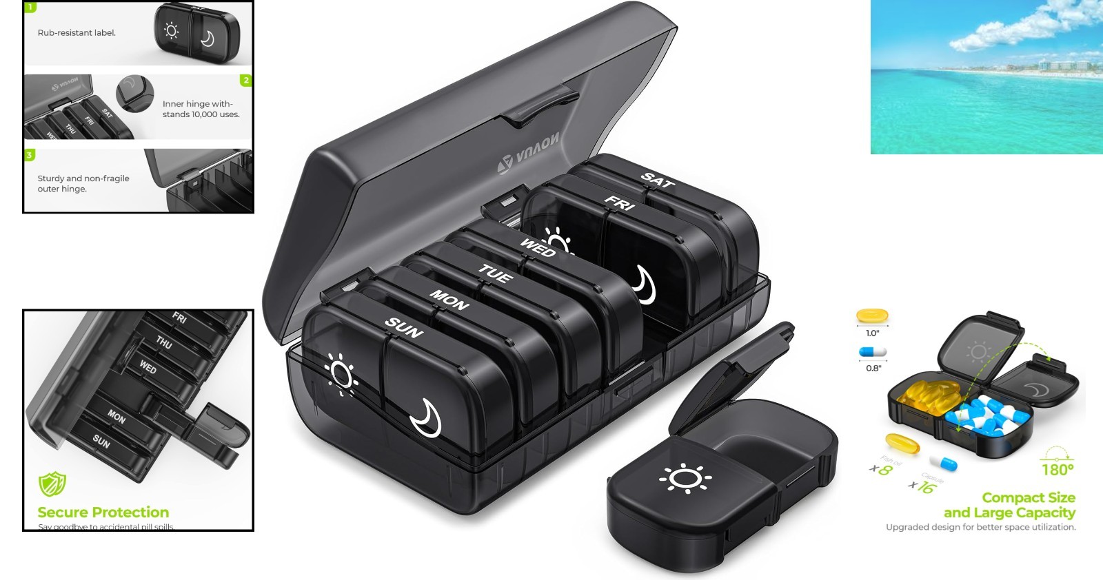 Portable XL Pill Organizer – 2 Times a Day with Privacy Protection in Black