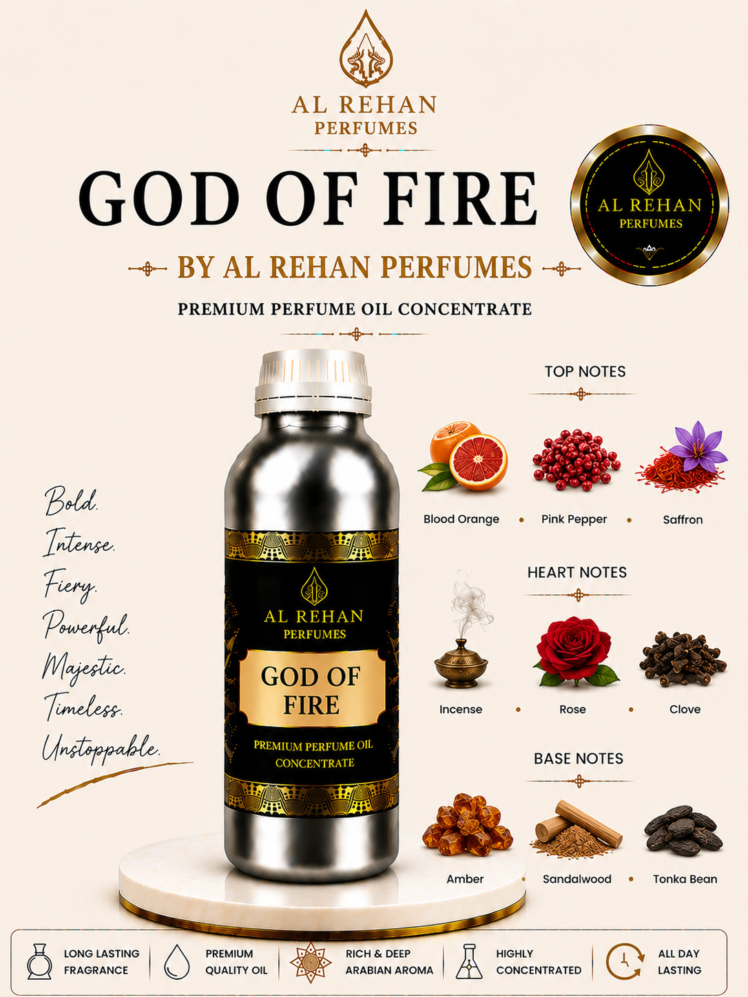 Al Rehan Perfumes God Of Fire Attar Perfume Oil Best Long Lasting Unisex Scent