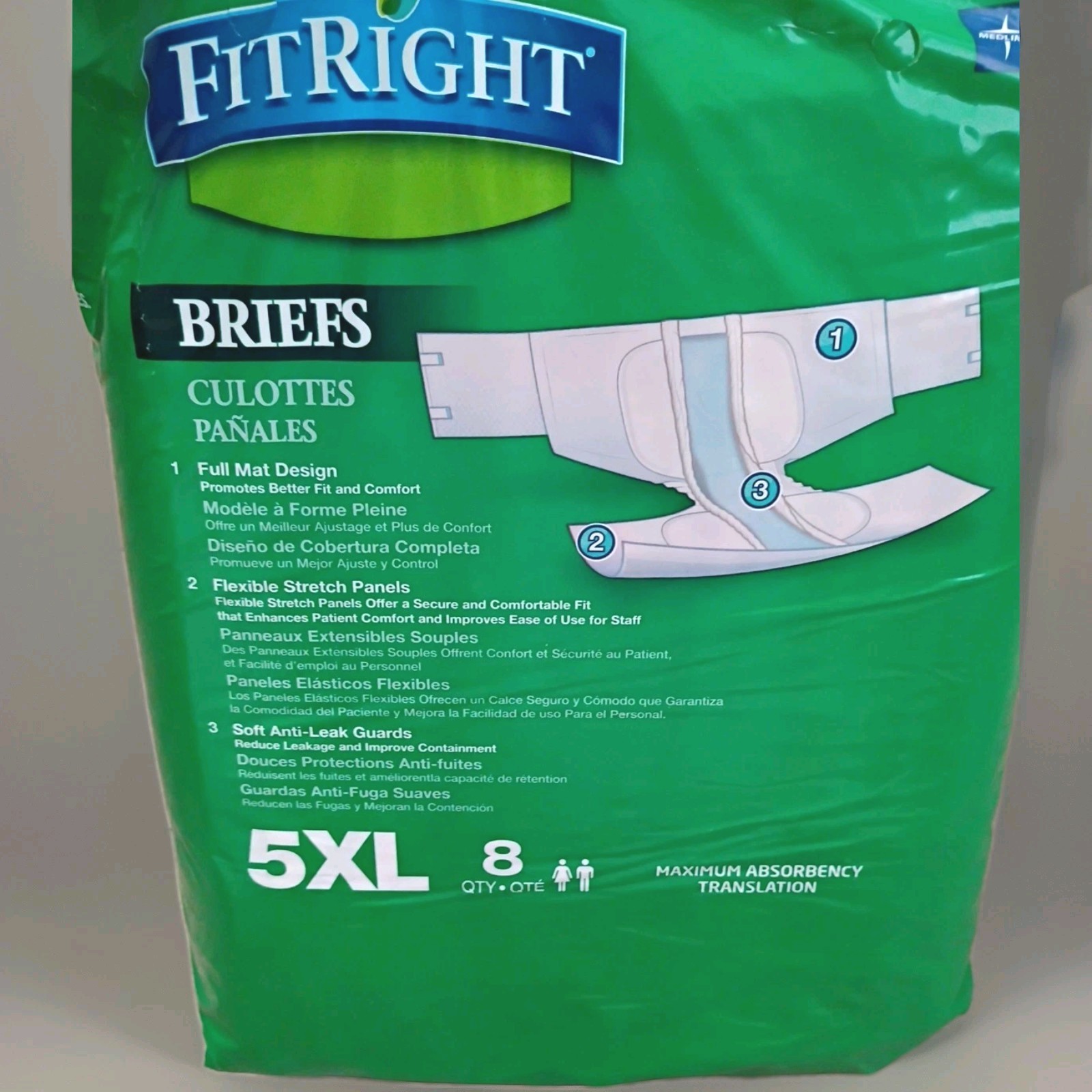 Medline FitRight Incontinence Unisex Adult 5XL Disposable Briefs Diapers 8ct Pkg