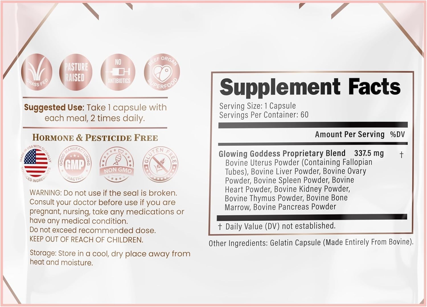 Glowing Goddess Female Beef Organ Supplement 60 Capsules – Grass Fed Superfood