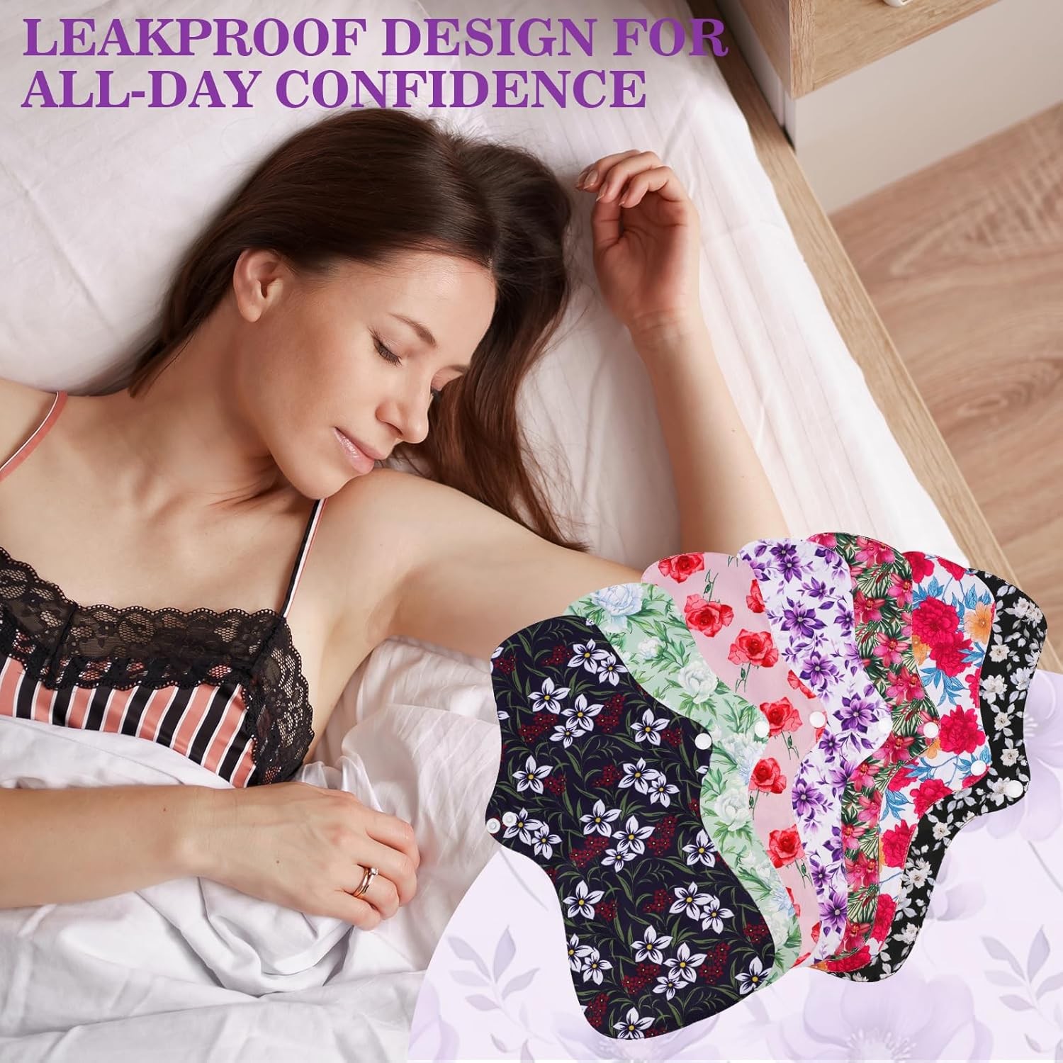 PHOGARY Reusable Menstrual Pads, Washable Overnight Cloth Panty Liners, 7pcs Bam