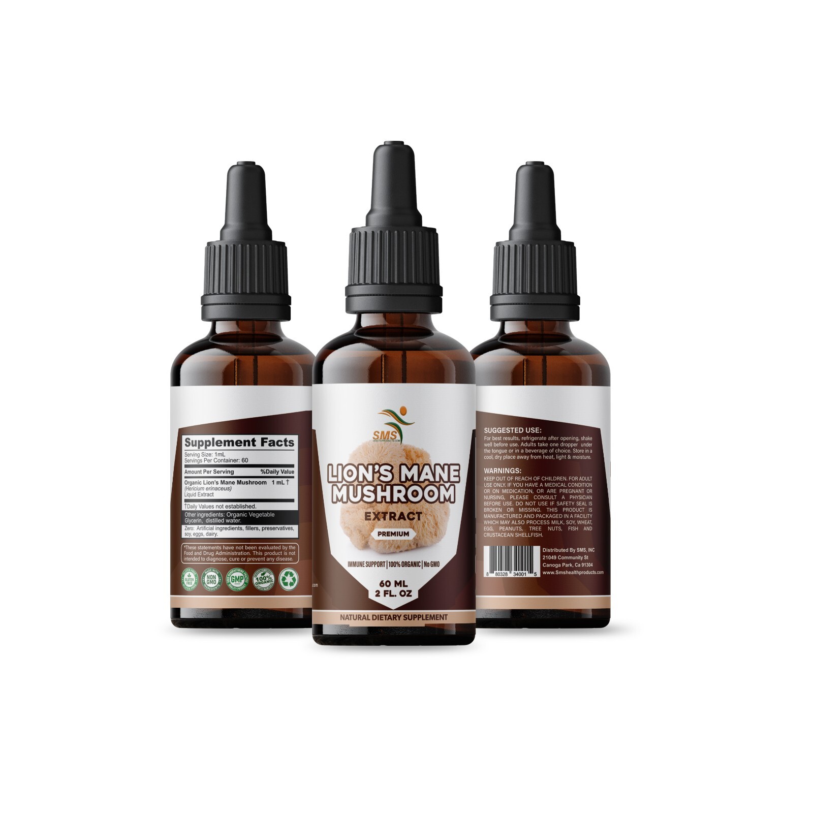 Lions Mane Mushroom Extract Organic Non GMO Tincture Liquid Herbal Drops 2 Fl Oz