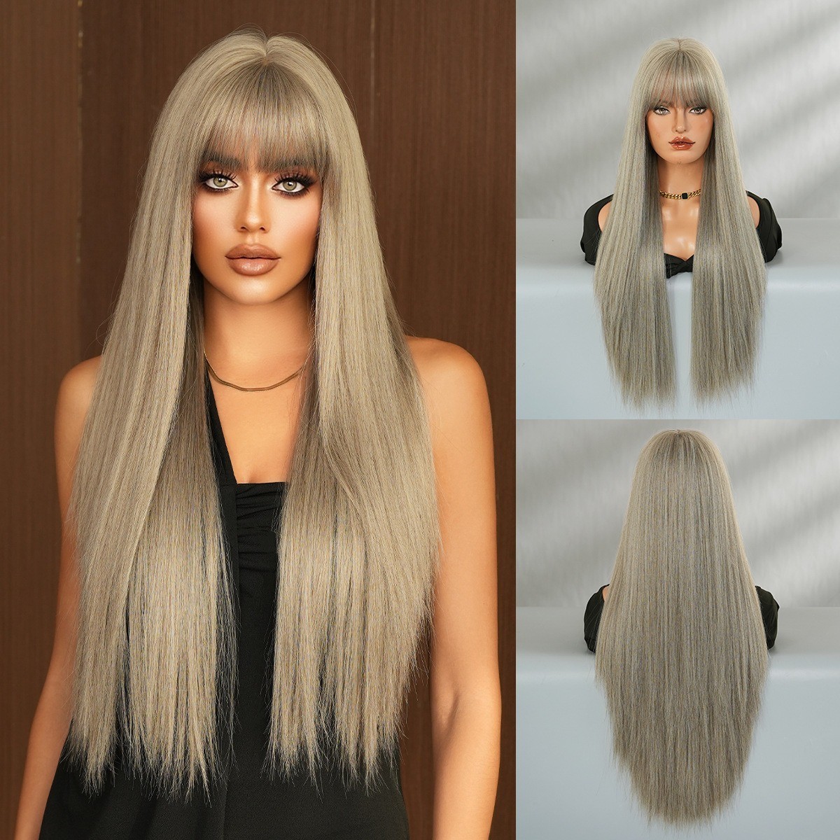 One-size-fits-all ultra-long straight hair 28in wig with female side-swept bangs