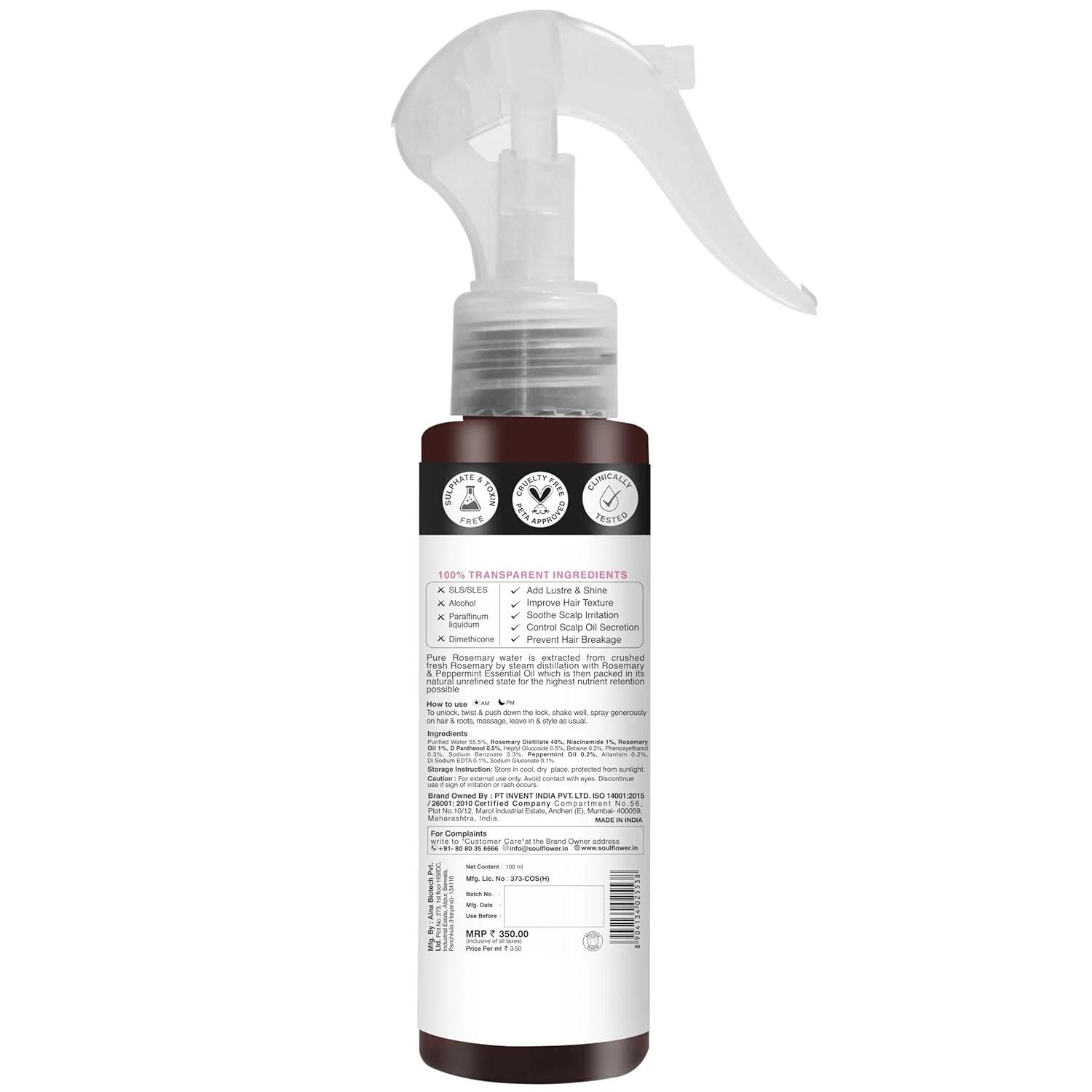 Soulflower Rosemary Water spray with mint| For Hair growth, Hair fall control, S
