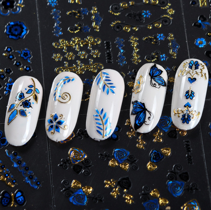 10PCS Nail Art Stickers Gold Blue Lace BUTTERFLY ROSE FLOWER Slider #9
