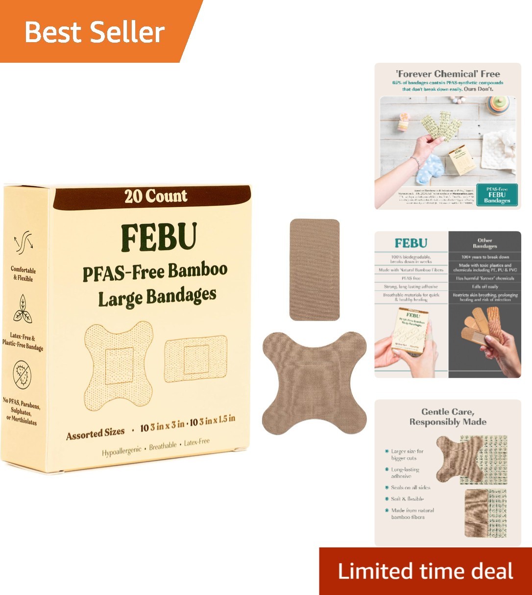 Biodegradable Large Bamboo Bandages – Flexible, Latex Free, 20 Pack for Wounds