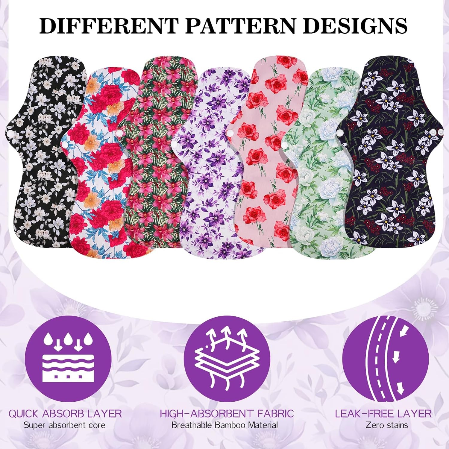 PHOGARY Reusable Menstrual Pads, Washable Overnight Cloth Panty Liners, 7pcs Bam