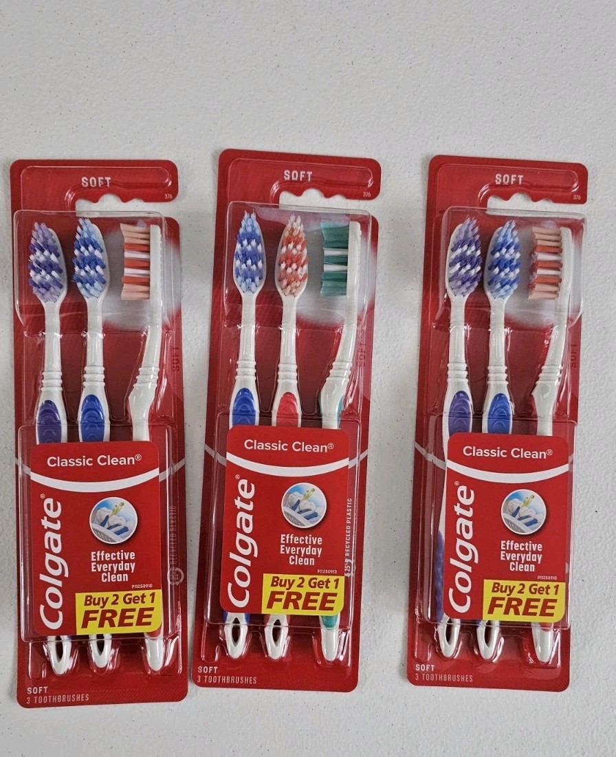3x Colgate Classic Clean Soft Toothbrush 3 Count Pack New 9 Toothbrush Total