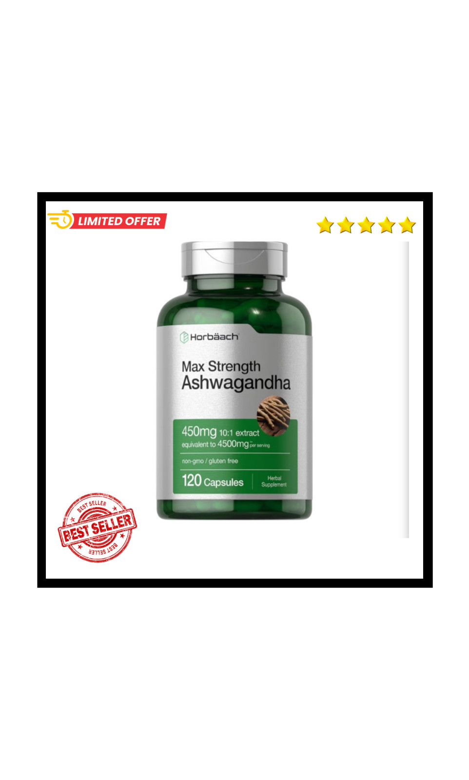 Horbäach Ashwagandha Supplement | Max Strength | 120 Capsules | Non-GMO, Gluten