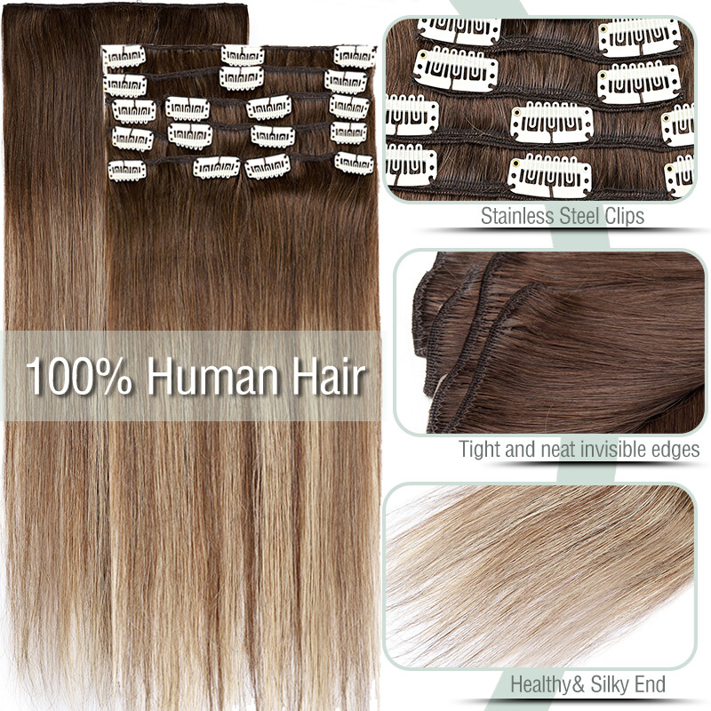 Clip In Russian Remy Human Hair Extensions 8Pieces 18Clips Highlight Full Head