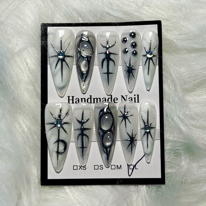 Handmade Black White Silver Spider Long Stiletto Press-On Nails 3D Shiny Acrylic
