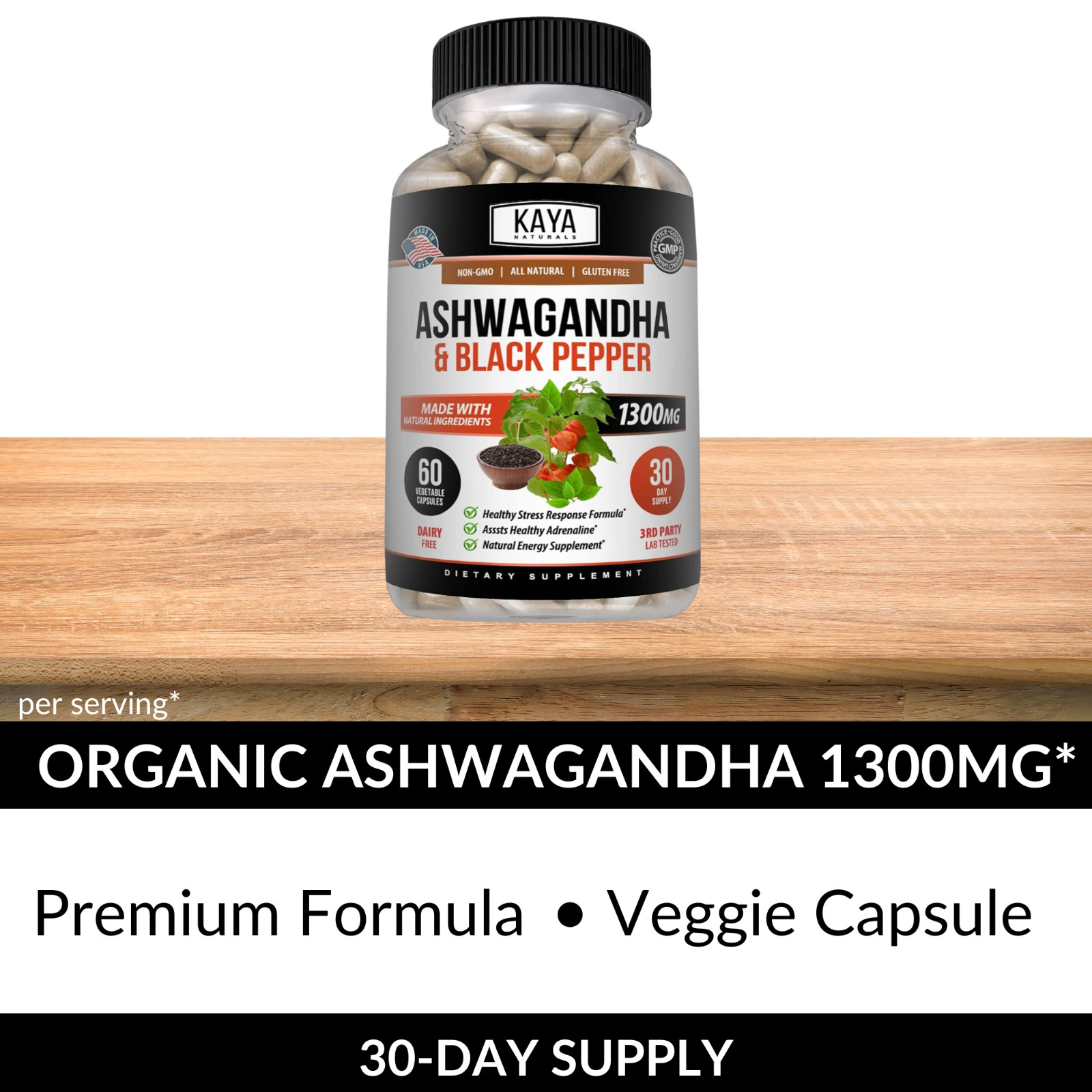 Organic Ashwagandha Capsules 1300mg Supplement w/ Black Pepper Root Powder