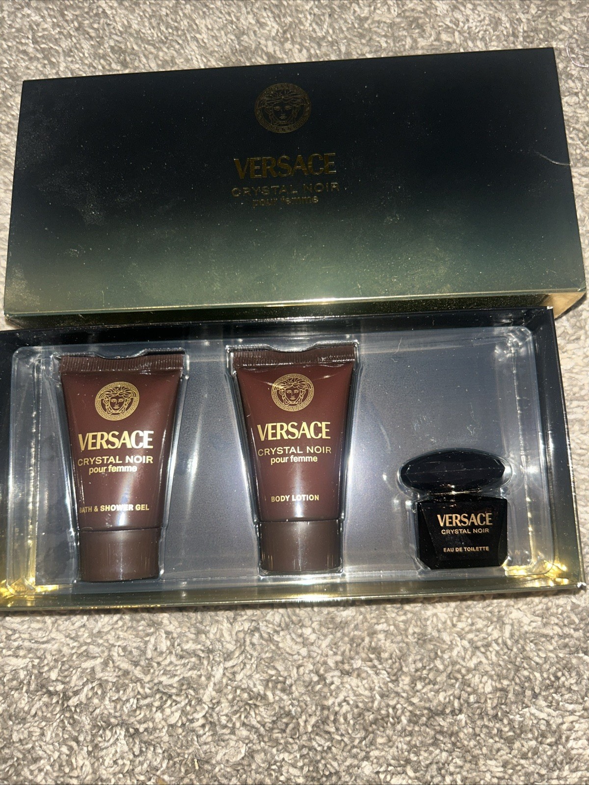 Versace CRYSTAL NOIR 3 PC Mini Gift Set 0.17oz Splash, Lotion, Shower Gel | READ