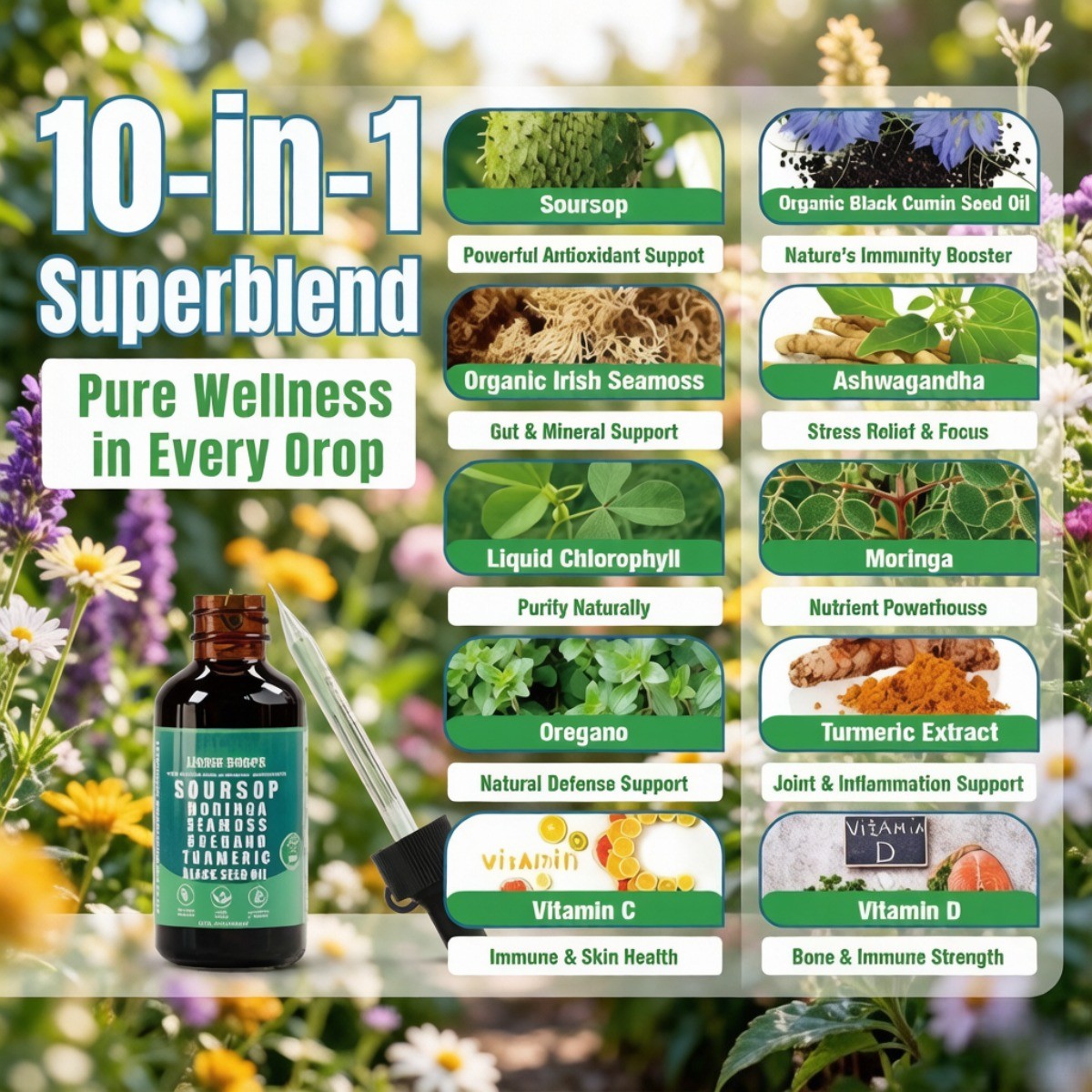 Soursop Liquid Drops 10-in-1–Sea Moss, Moringa & Turmeric for Immune & Wellness