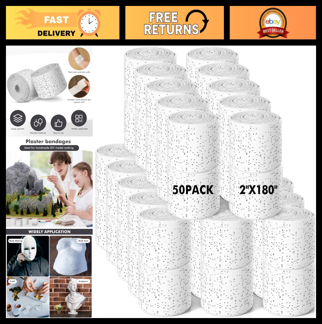 50 Pack Plaster Cloth Gauze Bandages – Craft Art Projects, Paper Mache, Body Cas
