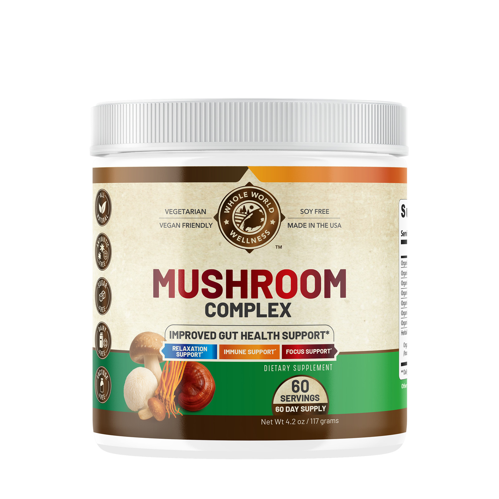 WHOLE WORLD WELLNESS Organic Mushroom Complex Powder Supplement. USA Made.
