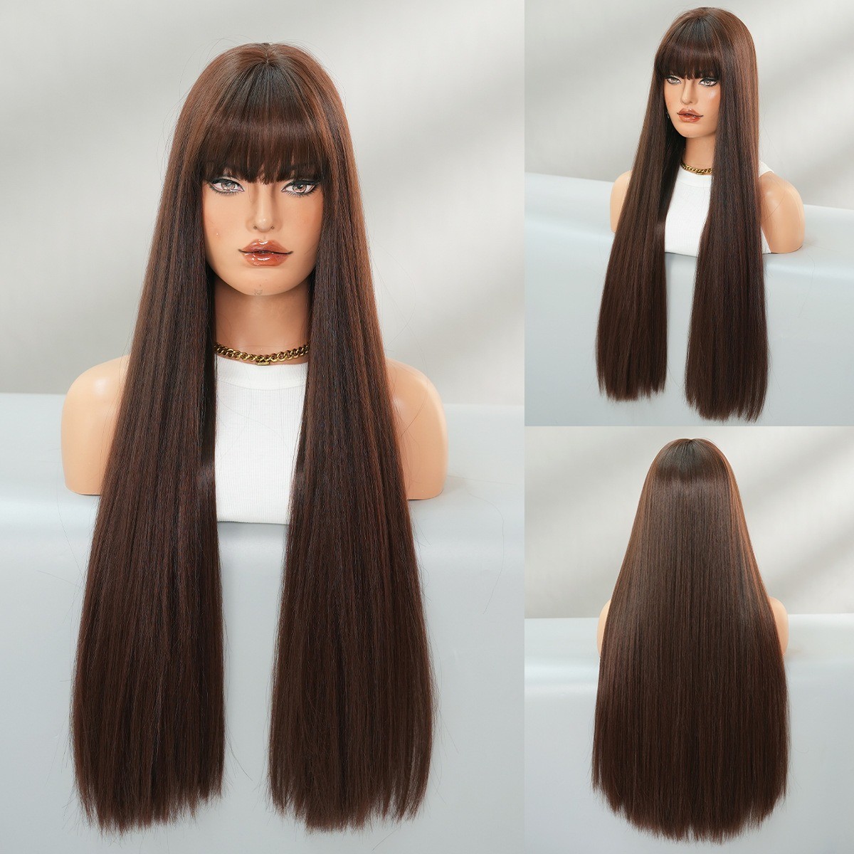 One-size-fits-all ultra-long straight hair 28in wig with female side-swept bangs