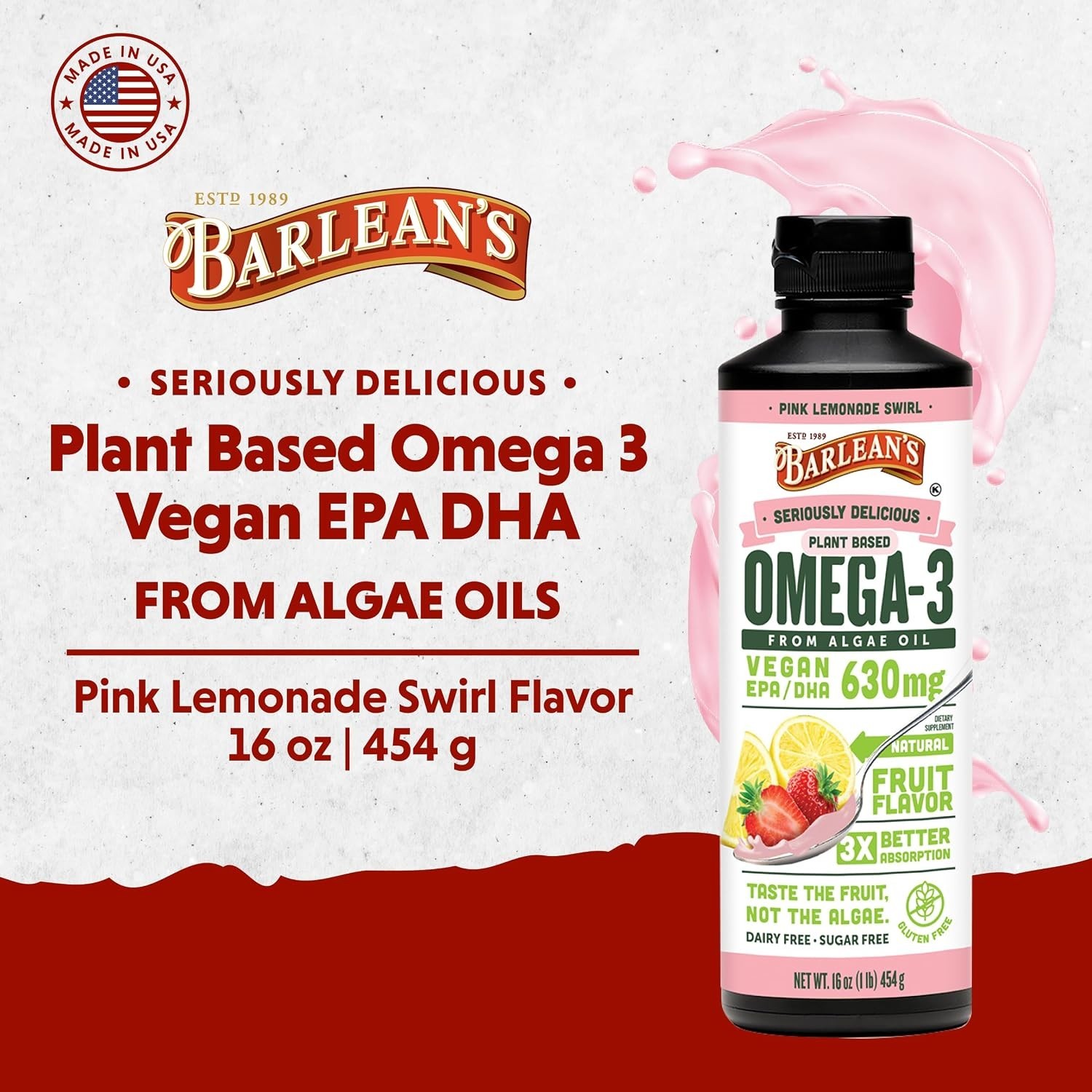 Liquid Algae Omega 3 in Pink Lemonade Flavor – 16 oz Heart Health Support