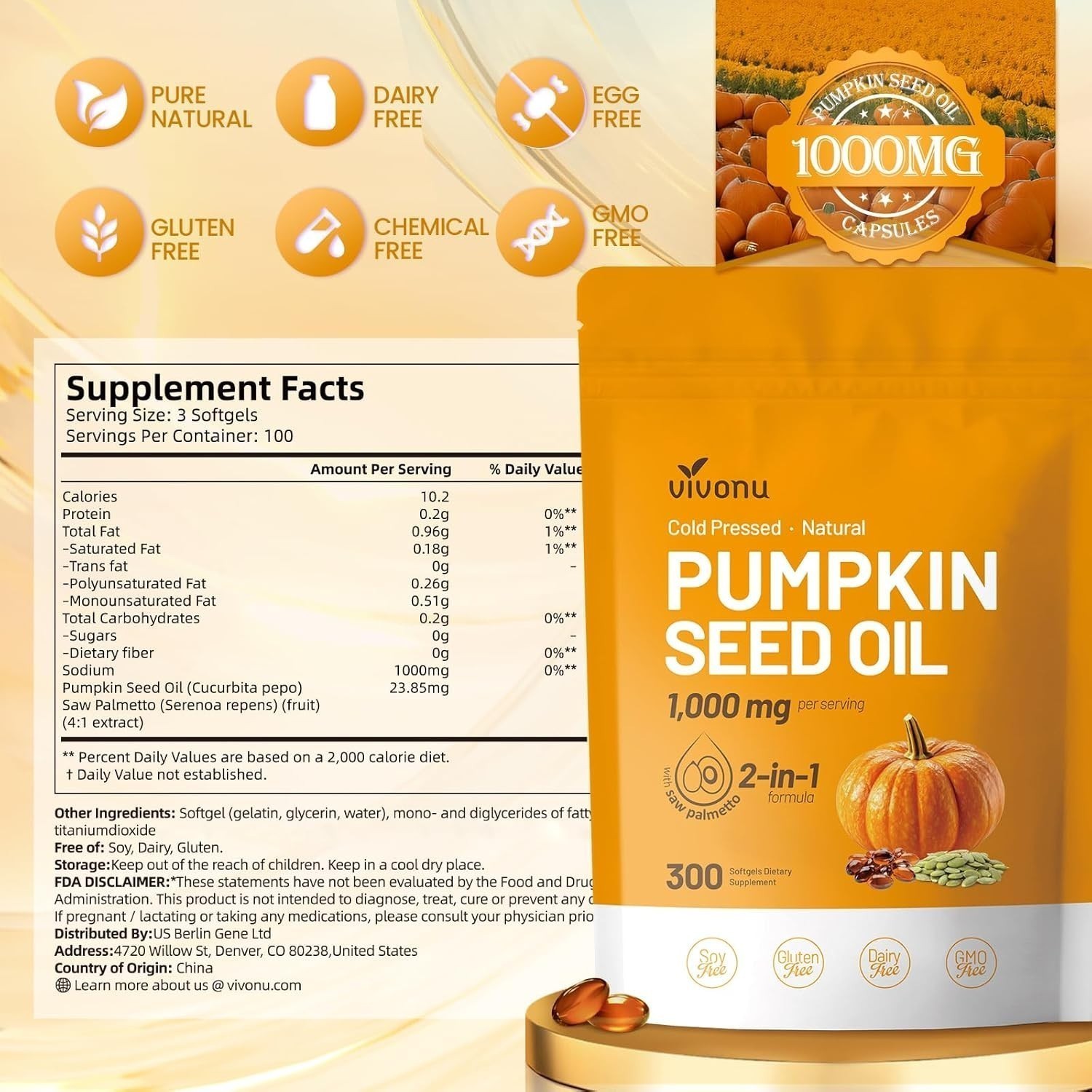 VivoNu Pumpkin Seed Oil with Saw Palmetto Capsules|Cold Pressed, Pure Virgin Oil