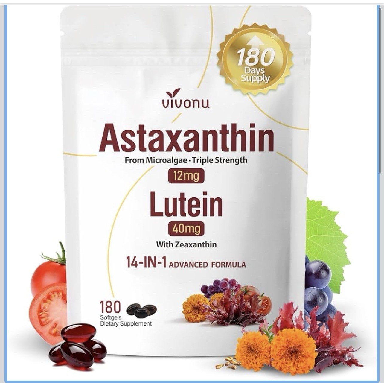 Astaxanthin 12mg & Lutein 40mg, Eye & Skin Health, 180 Softgels, Non-GMO