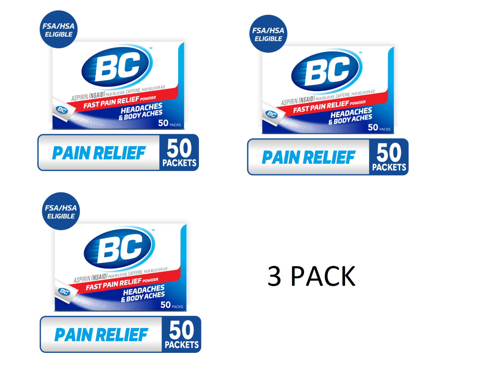 3 PACK BC Powder Original Strength Pain Reliever, Aspirin DissolvePacks 50Counts