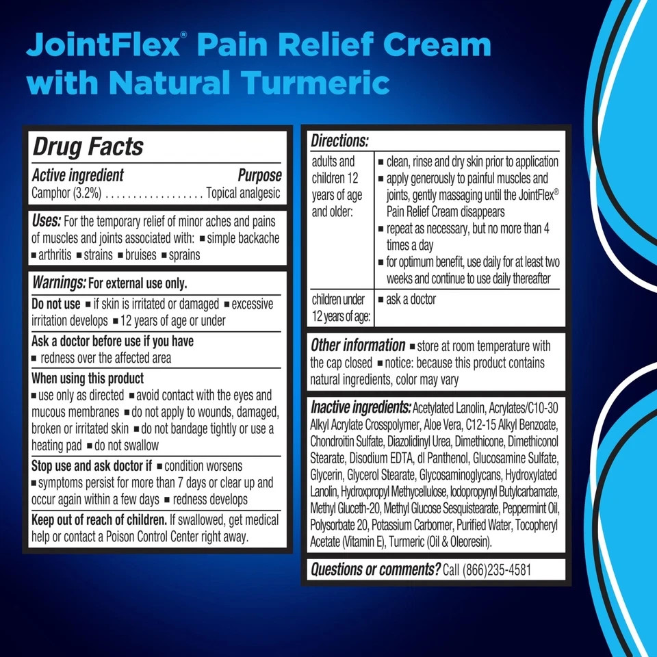 JointFlex Pain Relief Cream Turmeric Arthritis Joint Pain 3oz Camphor Muscle Rub