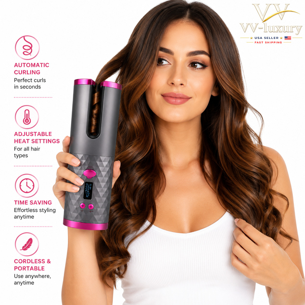 Portable Cordless Hair Curler Automatic Ceramic Curling Iron Fast Heating LCD