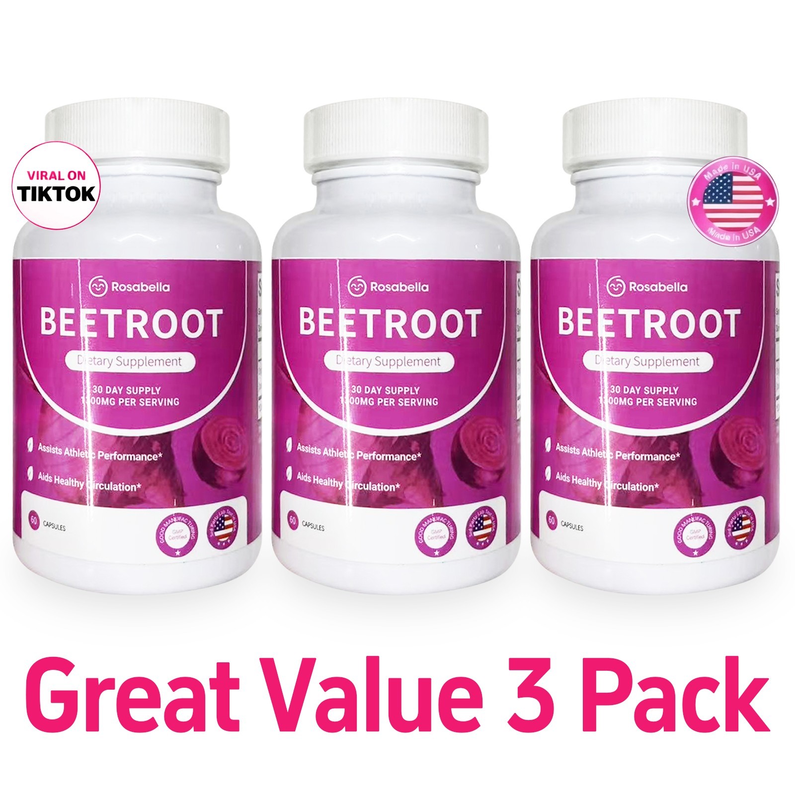 3Pcs Organic Rosabella Beet Root Natural Energy Boost Blood Pressure 60 Capsules